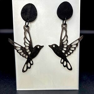 Black Glitter, Hummingbird Bird Earrings